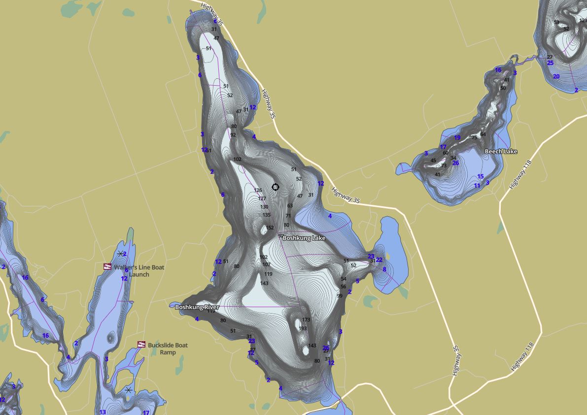 Contour Map of Boshkung Lake in Municipality of Algonquin Highlands and the District of Haliburton